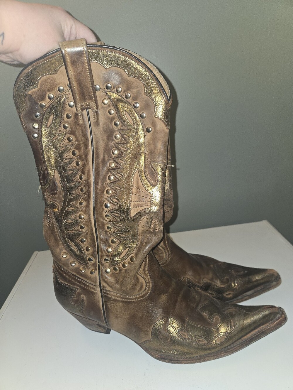 RockIn Leather Brown Metallic Accented Leather Cowboy Boots Size 10